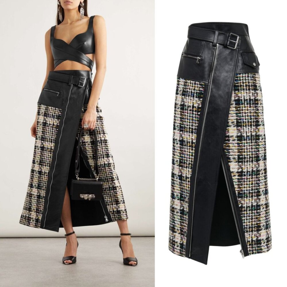 NWT Alexander McQueen Tweed and Leather Midi Skirt